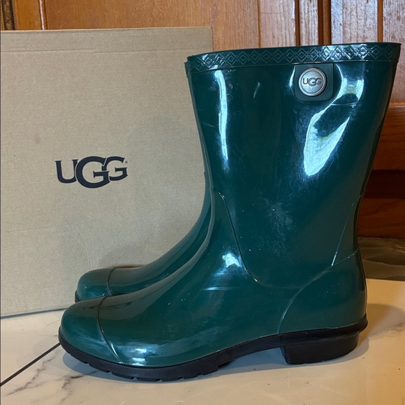 UGG Shoes - UGG pine green Glossy Mid-Calf Rain Boot with Branded Button 10 sienna boot